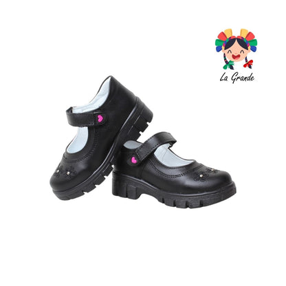 1807 LADY FLORES Negro Sintético Zapato Escolar para Niña y Dama