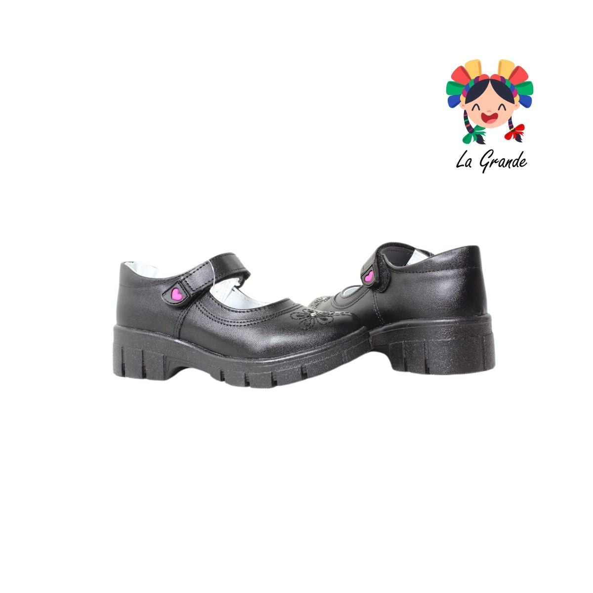 1808 LADY FLORES Negro Sintético Zapato Escolar para Niña