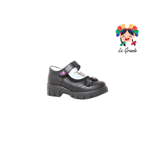 1809B LADY FLORES Negro Sintético Nobuck Zapato Escolar para Niña