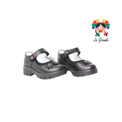 1809B LADY FLORES Negro Sintético Nobuck Zapato Escolar para Niña
