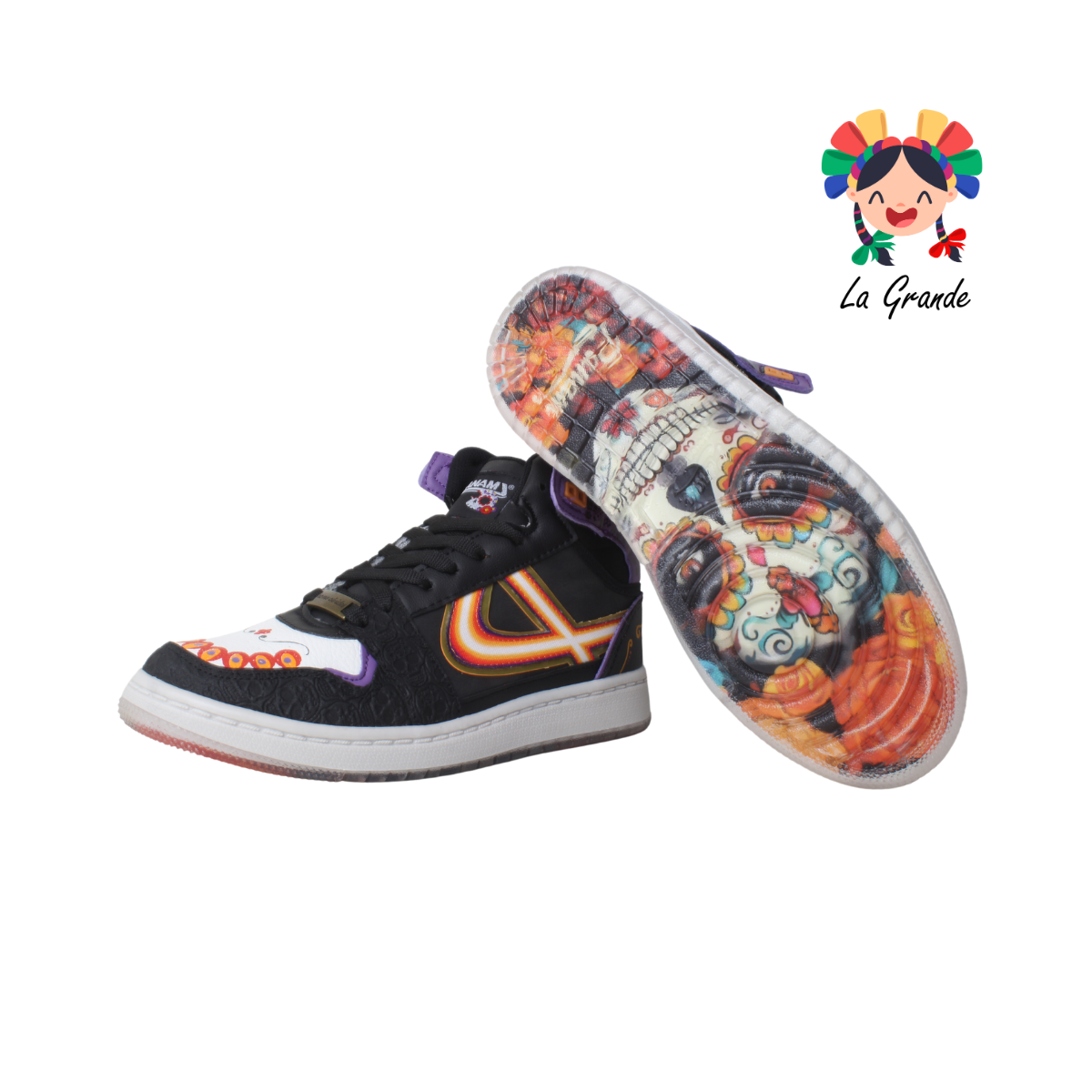 190080 PANAM Negro Morado Sint Día de Muertos Llorona Tenis para Dama, Joven y Caballero Nacional Original