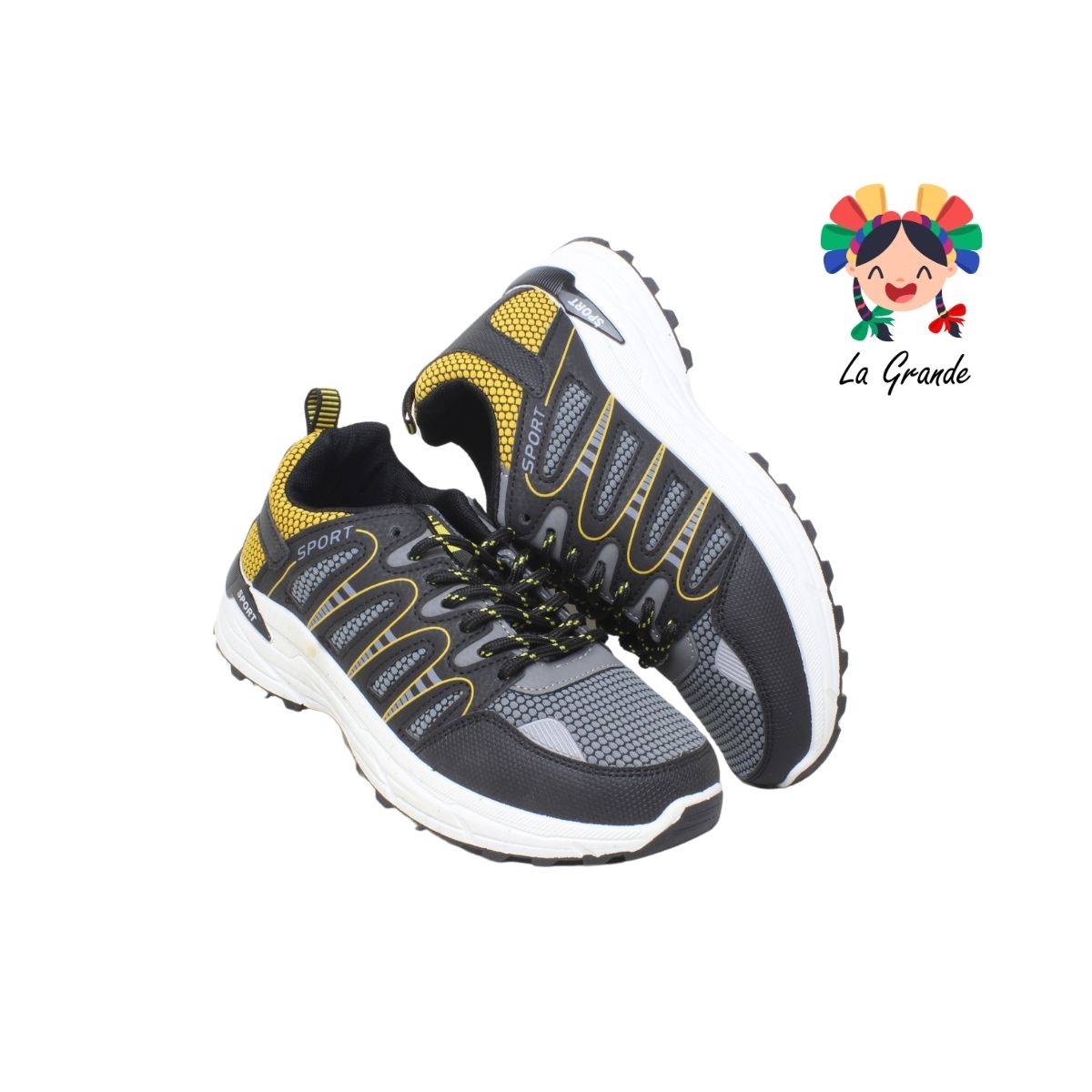 2307A-5C FOSUM Negro Amarillo Tenis tipo Running para Dama, Joven y Caballero