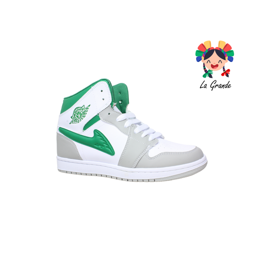 023 APT Bco Gris Vde Piel Tenis tipo Bota Casual para Dama, Joven y Caballero