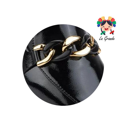 305A PINK Negro Charol Sint Mocasín con Cadena para Dama y Joven