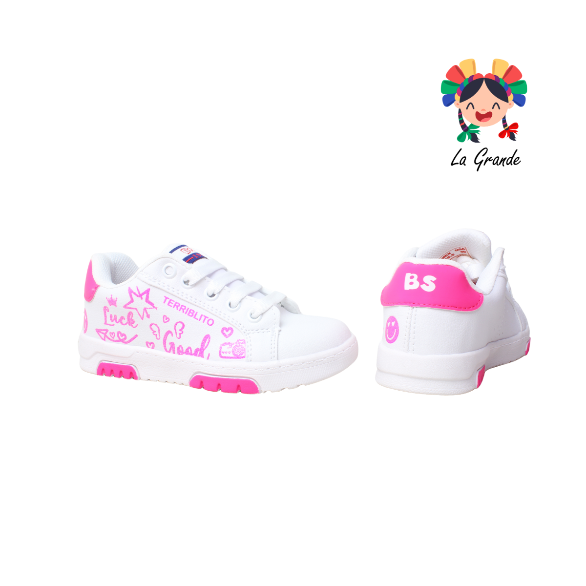 2130 BEBOS Blanco Fucsia Tenis Casual para Niña