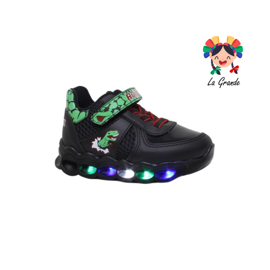 3371 ROKINO Negro Verde  Sint Tenis Casual con Luces de Dinosaurio con Velcro para Niño