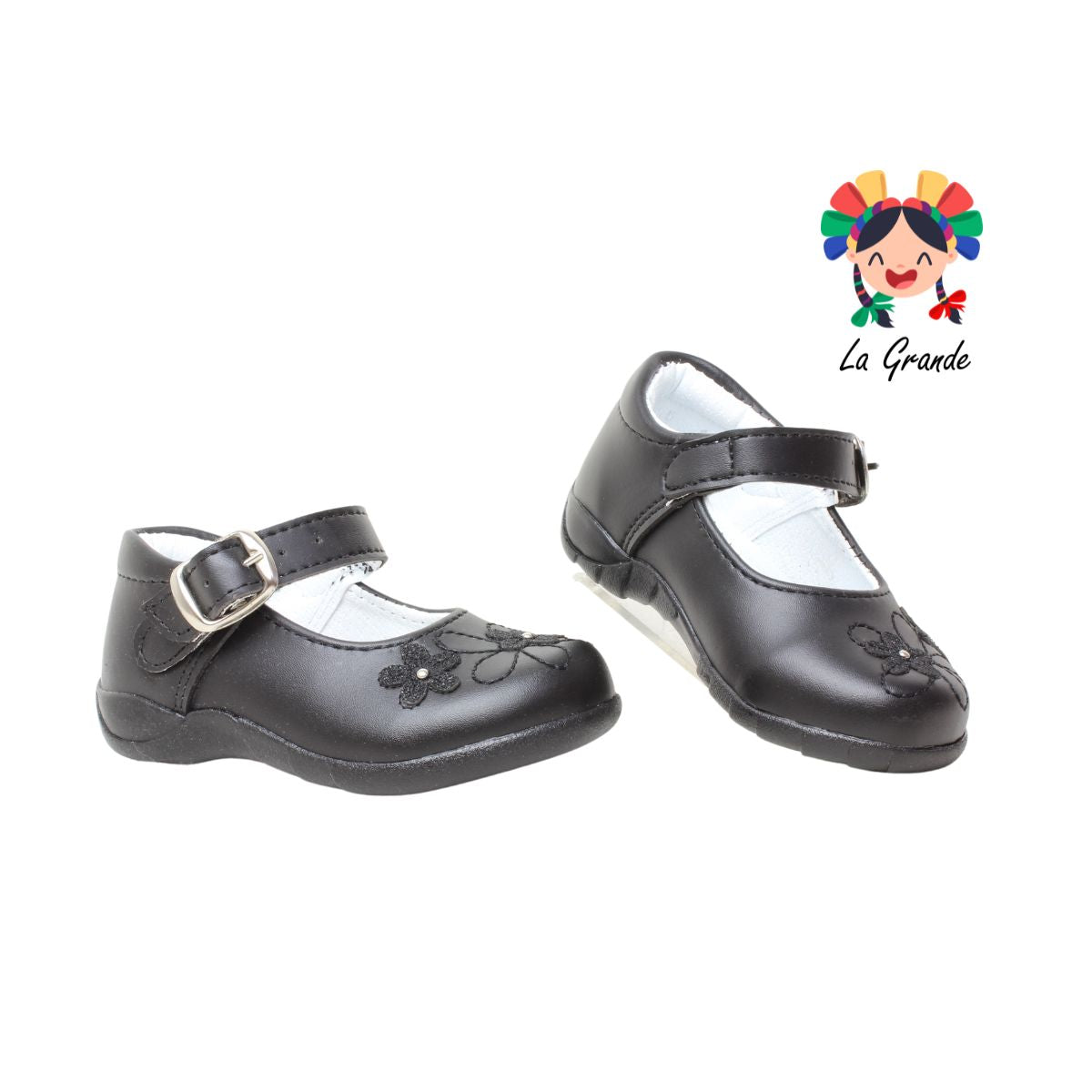 402 LADY FLORES Negro Sintético Zapato Escolar para Bebé