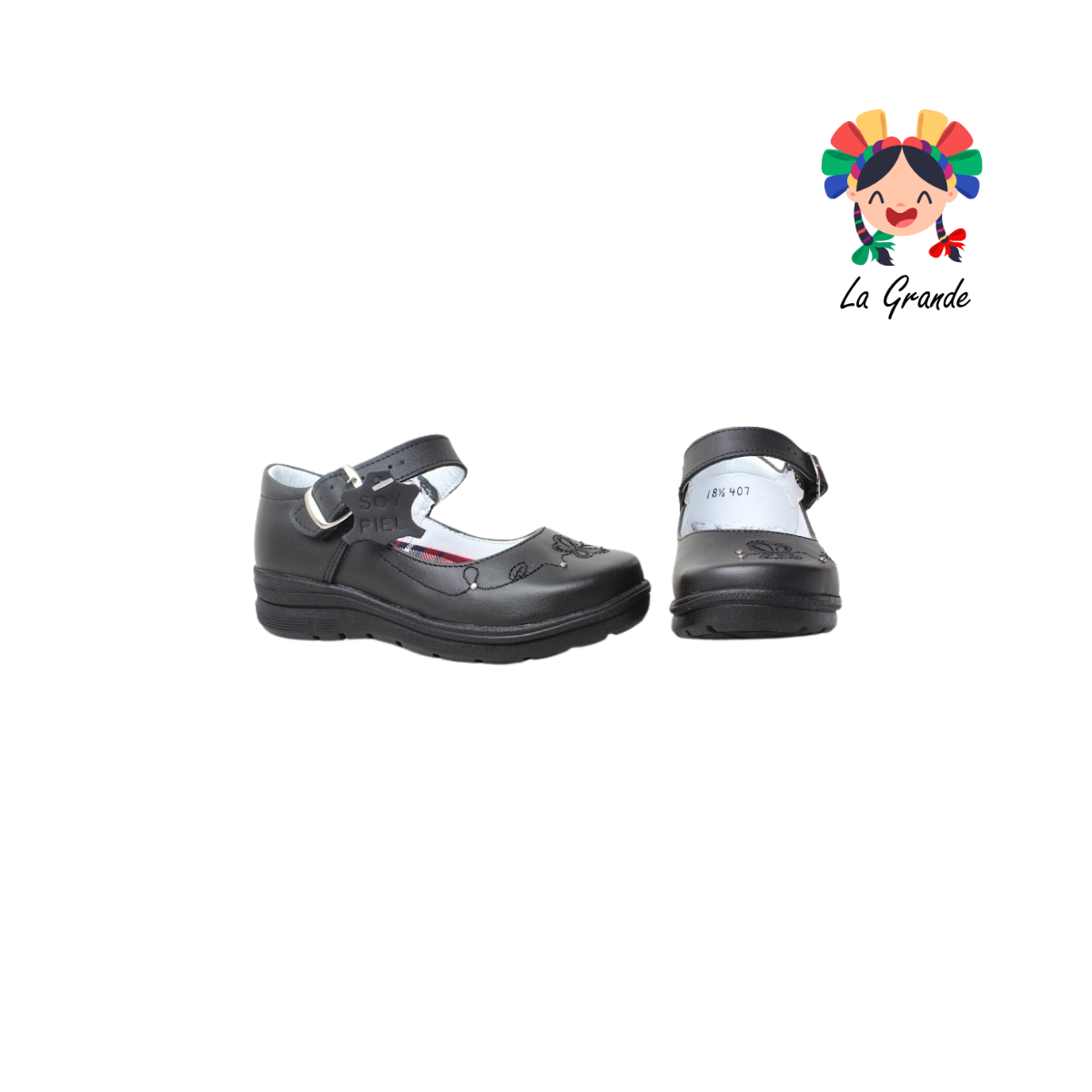 407 BRIANDA Negro Piel Zapato Escolar para Niña