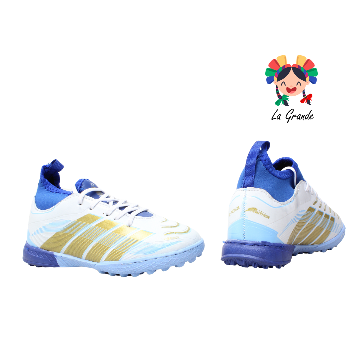6010 HELL PANTHER Bco Cielo Oro Sint tenis para Fútbol Rápido para Niño