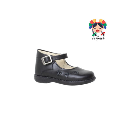 745 DOGI Negro Piel Zapato Escolar Córazones para Niña