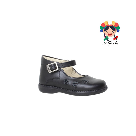 745 DOGI Negro Piel Zapato Escolar Córazones para Niña