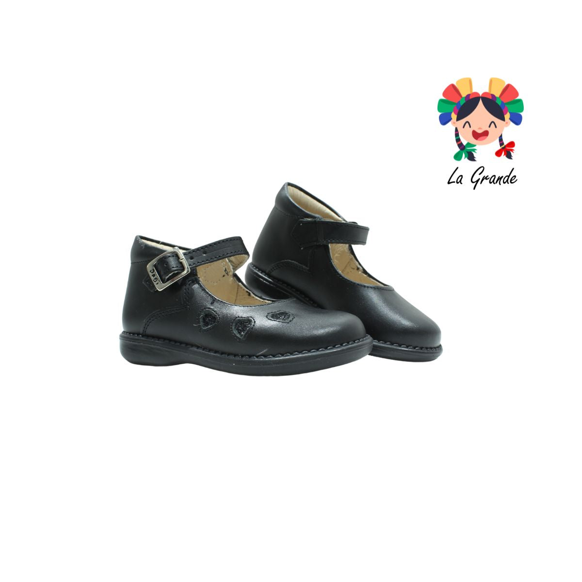 745 DOGI Negro Piel Zapato Escolar Córazones para Niña