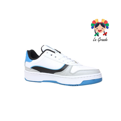 8005 BOOSTER Blanco Azul Piel Tenis Casual para Joven, Dama y Caballero
