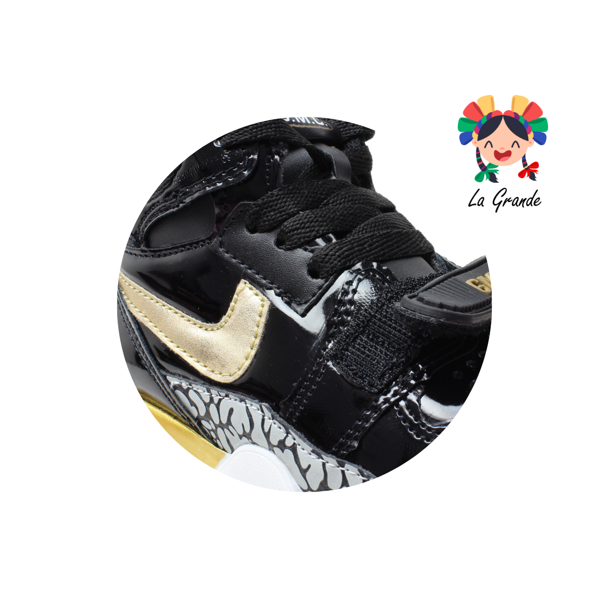 826 GMC Negro Oro Charol Tenis para Bebé, Niña y Niño