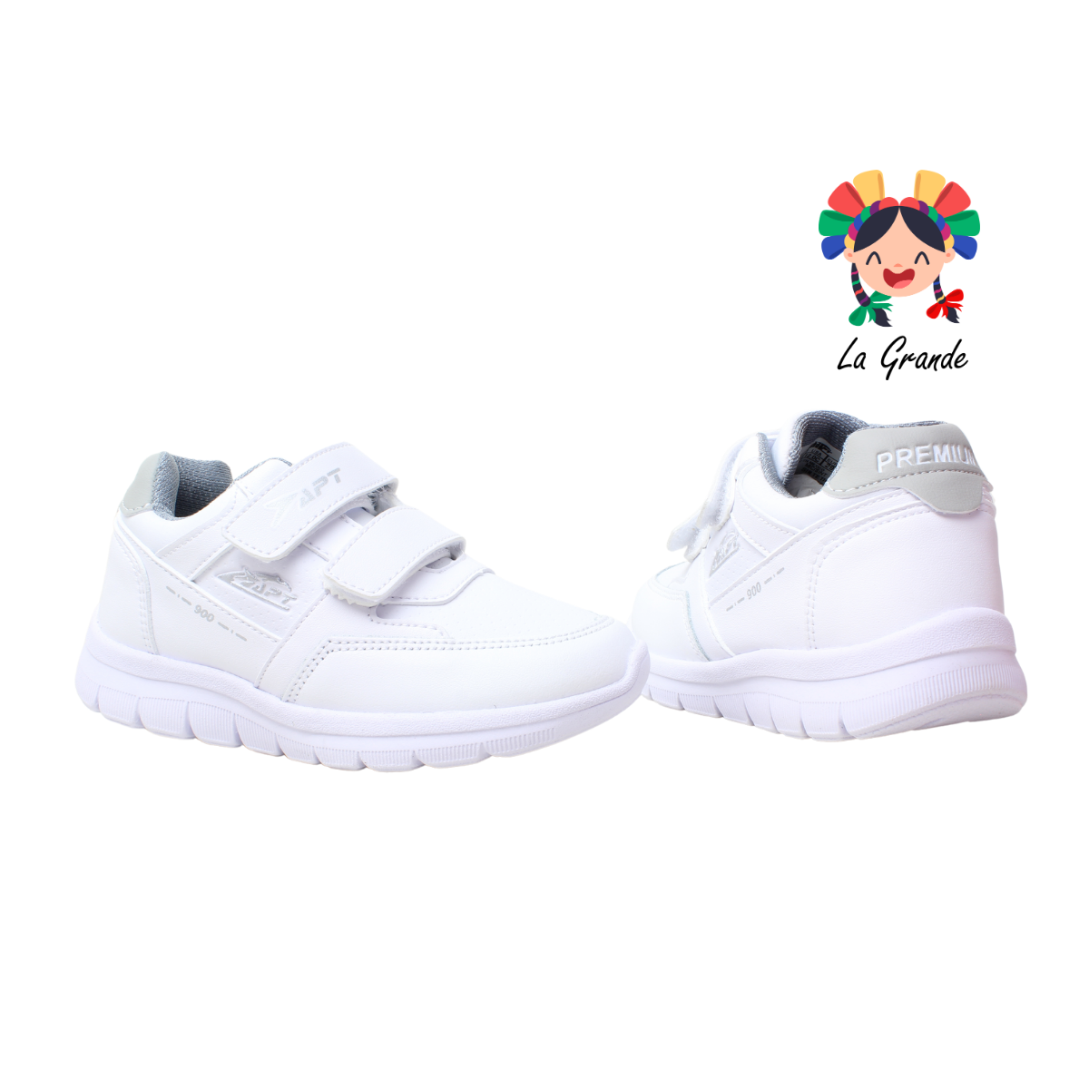 900 APT Blanco Gris Piel Tenis Escolar para Niña y Niño