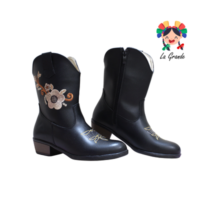 9070 LADY FLORES Negro Bordado Bota Vaquera para Niña y Dama