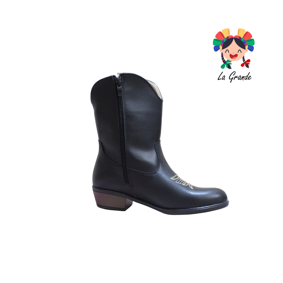9070 LADY FLORES Negro Bordado Bota Vaquera para Niña y Dama