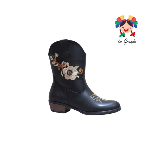 9070 LADY FLORES Negro Bordado Bota Vaquera para Niña y Dama