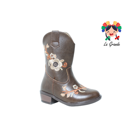 9071 LADY FLORES Café Bordado Bota Vaquera para Niña