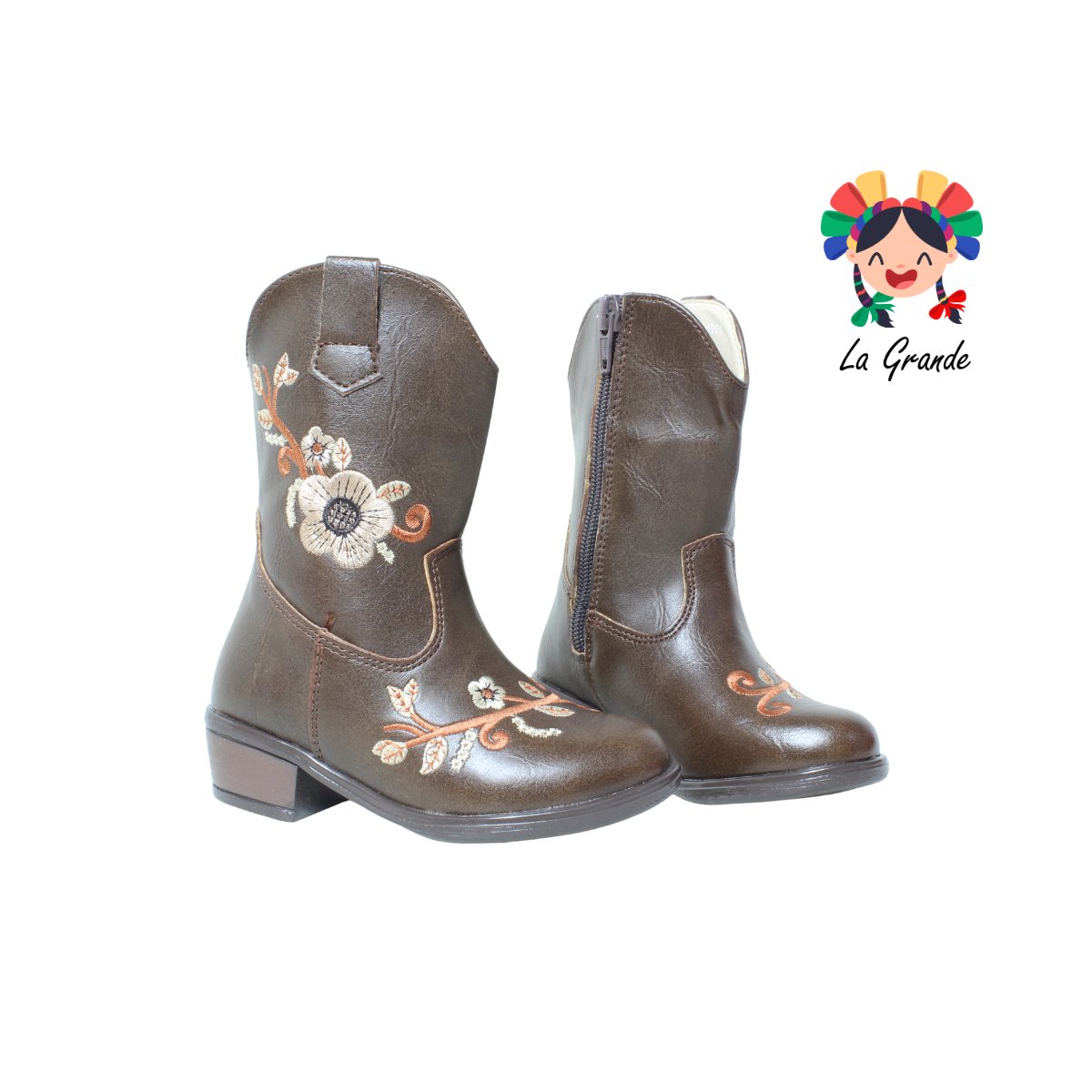 9071 LADY FLORES Café Bordado Bota Vaquera para Niña