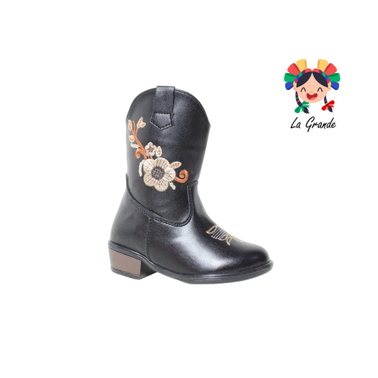 9071 LADY FLORES Negro Bordado Bota Vaquera para Niña