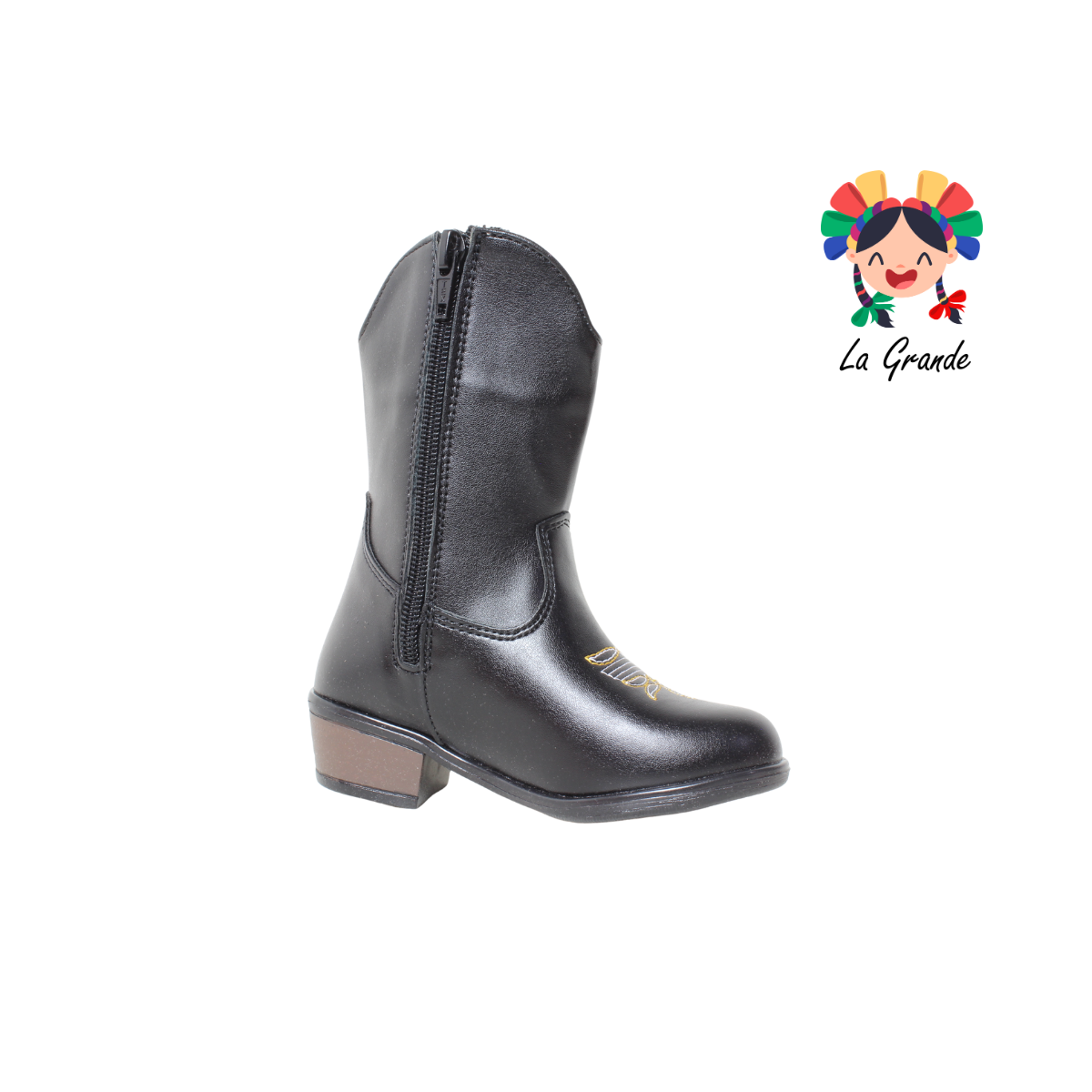 9071 LADY FLORES Negro Bordado Bota Vaquera para Niña