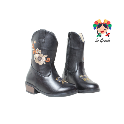 9071 LADY FLORES Negro Bordado Bota Vaquera para Niña