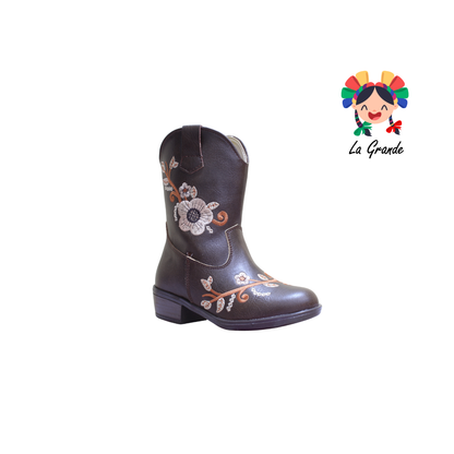 9071 LADY FLORES Café Bordado Bota Vaquera para Niña