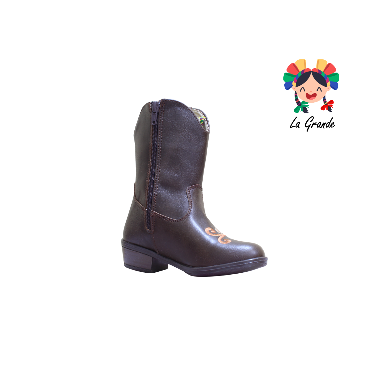 9071 LADY FLORES Café Bordado Bota Vaquera para Niña