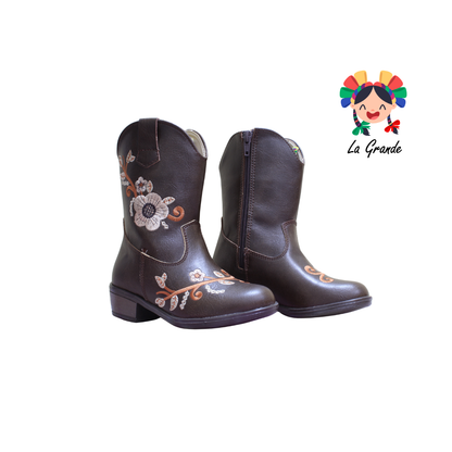 9071 LADY FLORES Café Bordado Bota Vaquera para Niña