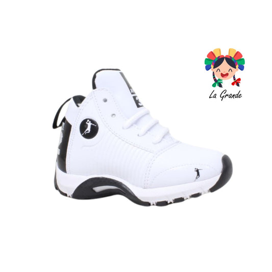 AP-23 APOORT Blanco Negro Piel Tenis Tipo Bota Deportivo para Niña, Niño, Dama, Joven y Caballero