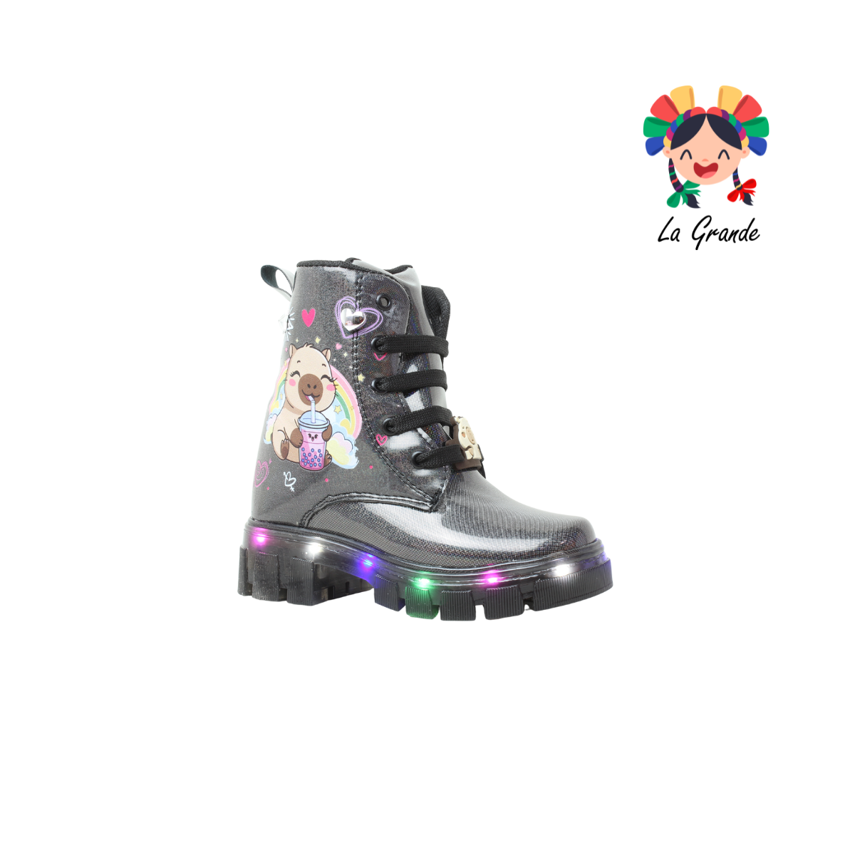 B08 CAPI DANIELS Negro Luminos Bota Casual con Luces para Niña
